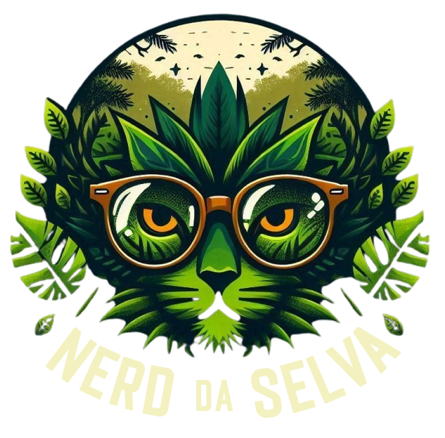 Mascote Nerd da Selva — onça com óculos cercada de folhas